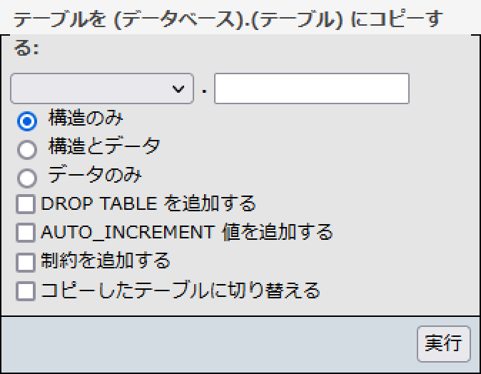 テーブルを(データベース).(テーブル)にコピーする